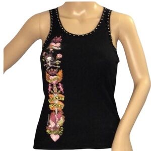 Bejeweled Studded Punk Tank Top Skull Flowers Hearts Flames Eagle XS/S